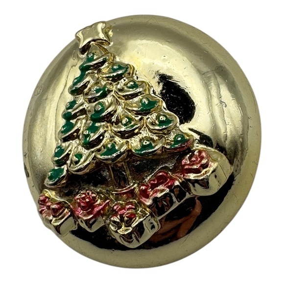 Vintage Enamel Christmas Tree Brooch with Gold-Tone Finish, 1.5” - Picture 3 of 5